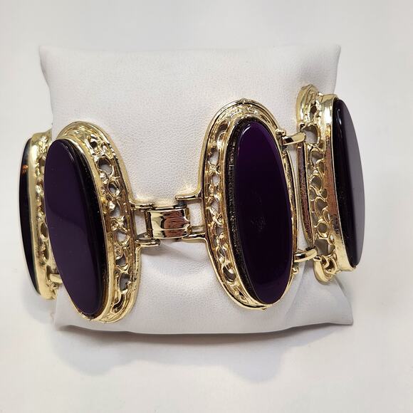 Purple Oval Gold Tone Panel Oversized Cuff Link Bracelet Dramatic Statement - Picture 2 of 6